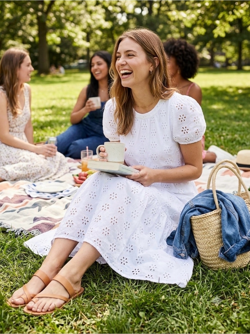 A.N.A (A New Approach) | Cottage Core White Cotton Eyelet Puff Sleeve Dress
